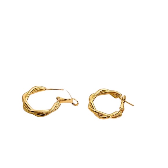 Gold Twisted Drop Hoop Earrings - Picture 3 of 6